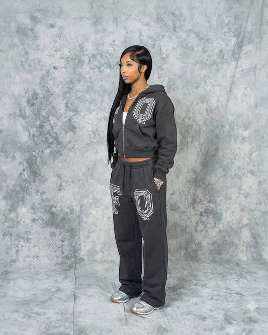 Grey Zip-Up Heavyweight “FQ” Jogger Set