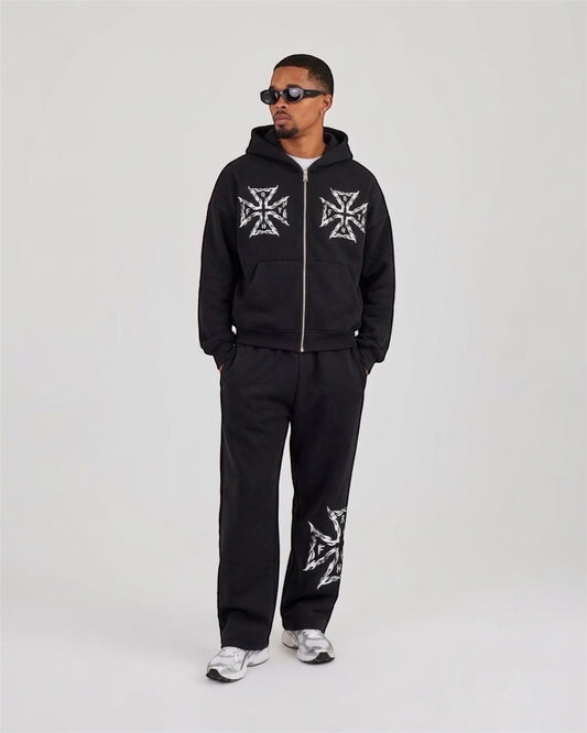 Black Zip-Up Heavyweight “Spiked Flame” Jogger Set