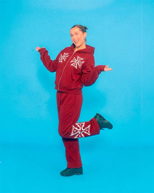 Red Zip-Up Heavyweight “Spiked Flame” Jogger Set