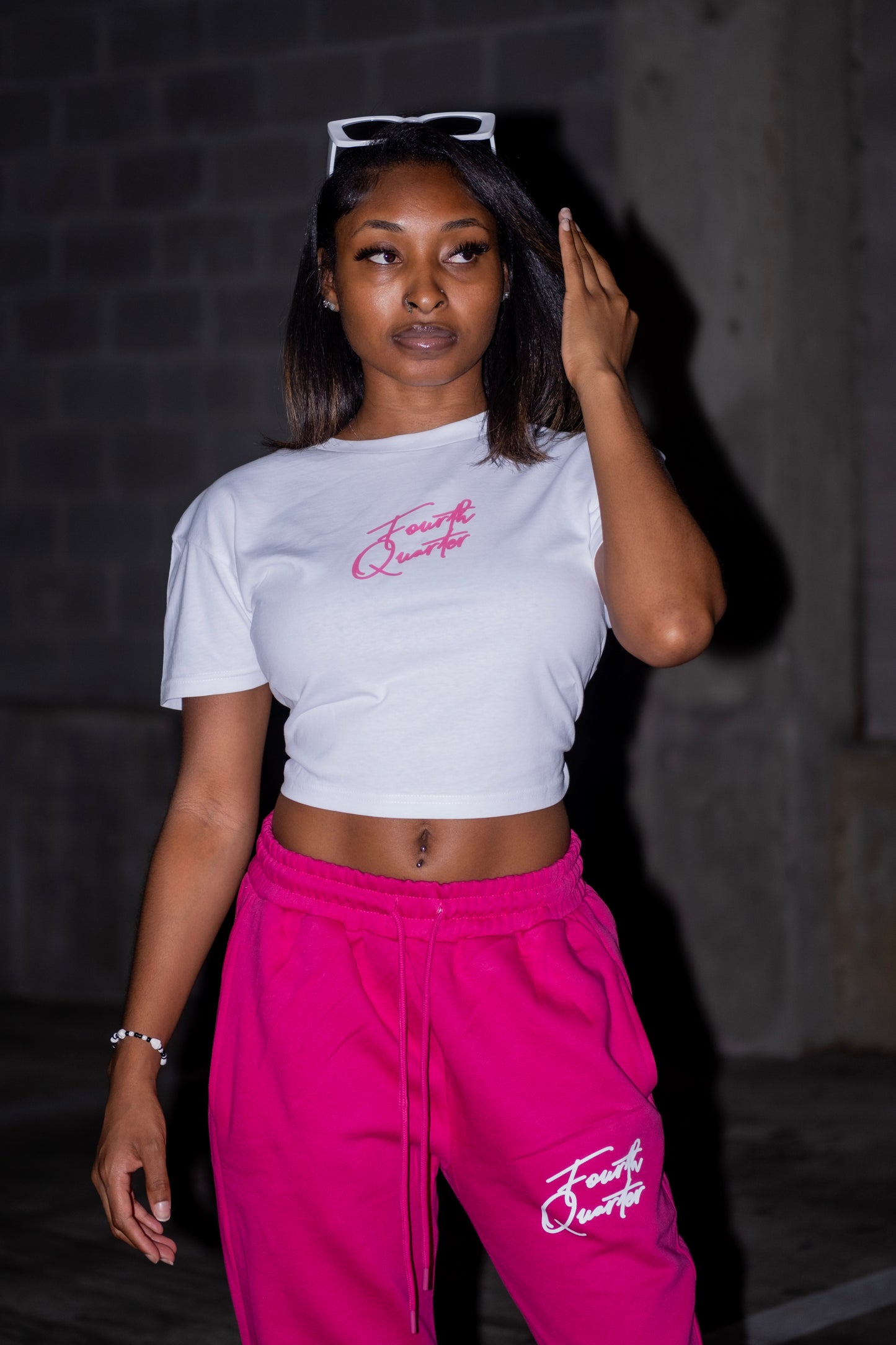 Stacked “FQ” Cropped Box Tee WHITE/HOT PINK