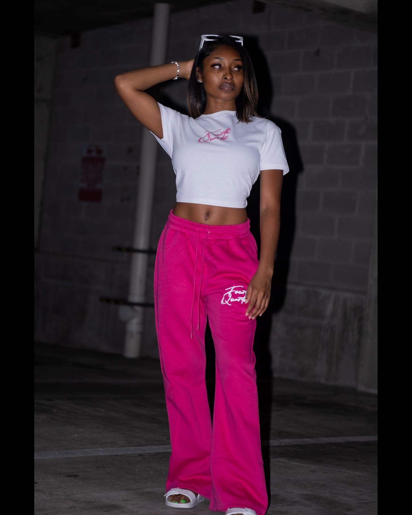 Stacked “FQ” Cropped Box Tee WHITE/HOT PINK