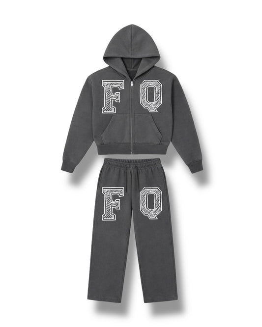 Grey Zip-Up Heavyweight “FQ” Jogger Set