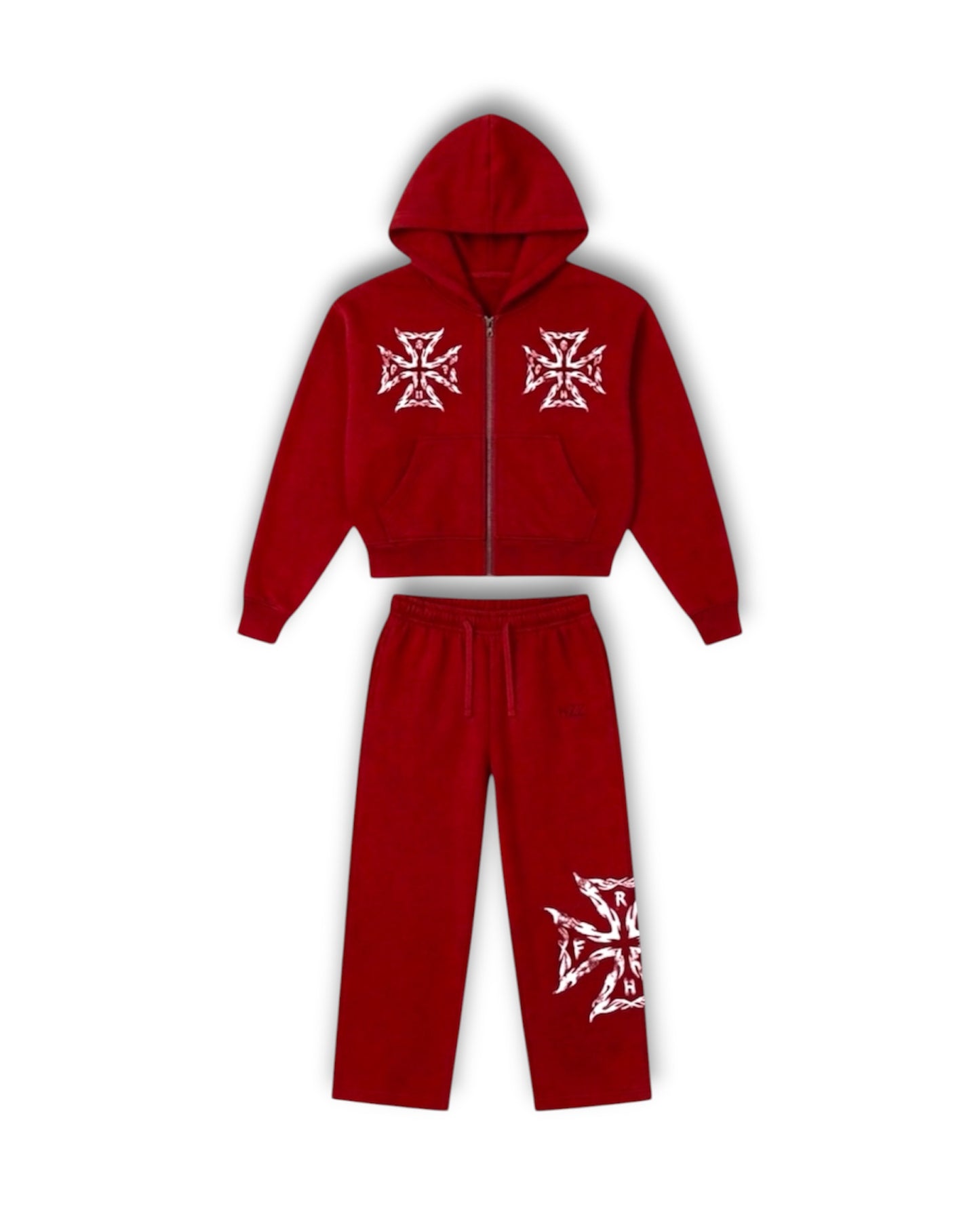 Red Zip-Up Heavyweight “Spiked Flame” Jogger Set