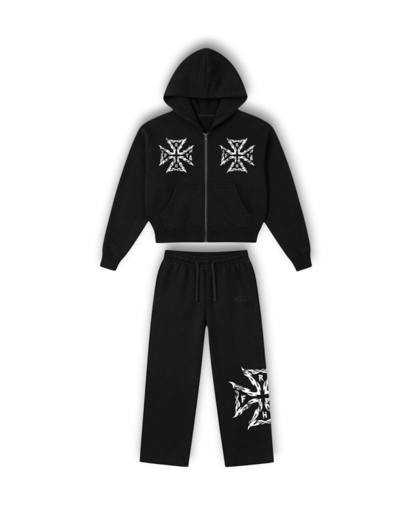 Black Zip-Up Heavyweight “Spiked Flame” Jogger Set