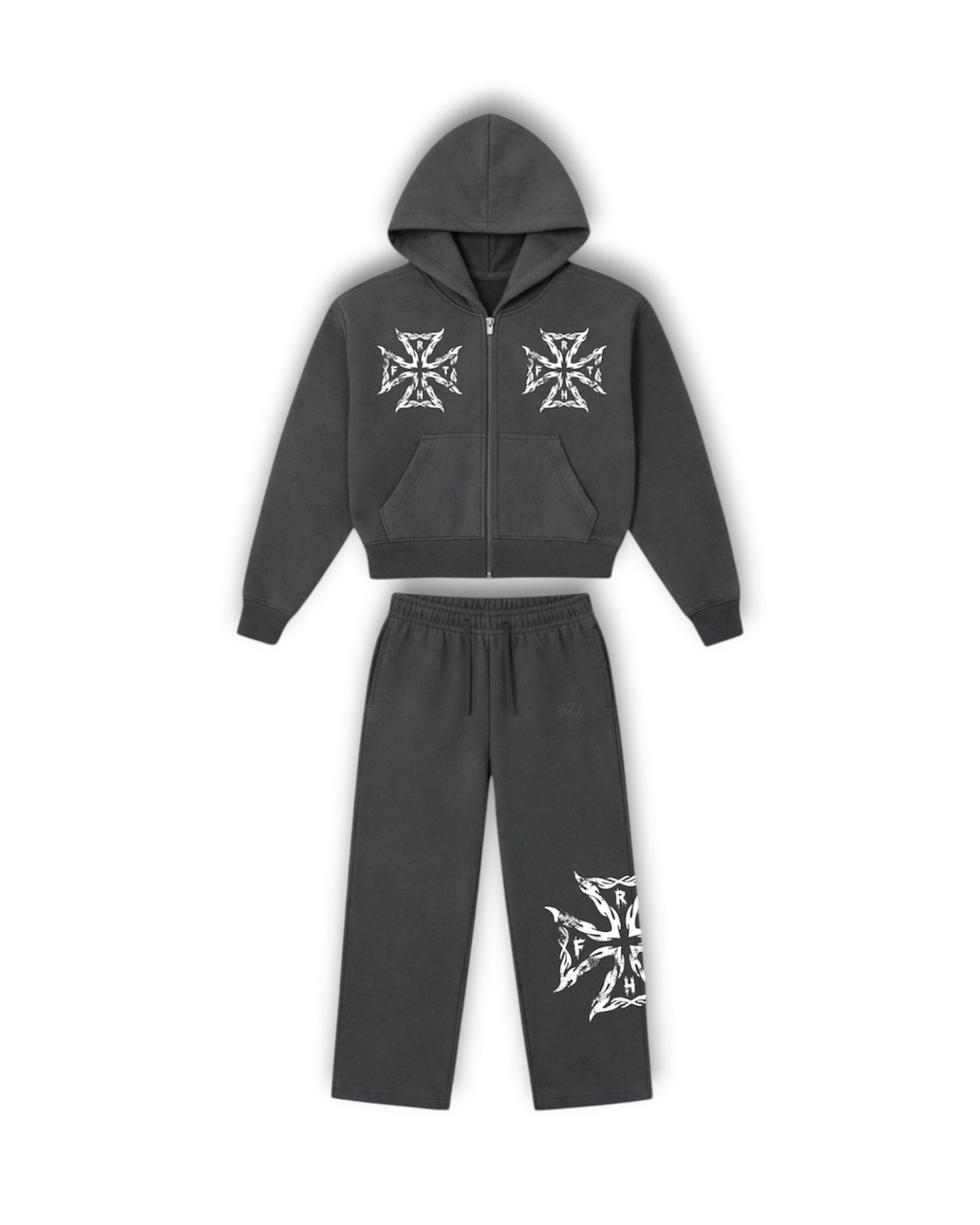 Grey Zip-Up Heavyweight “Spiked Flame” Jogger Set