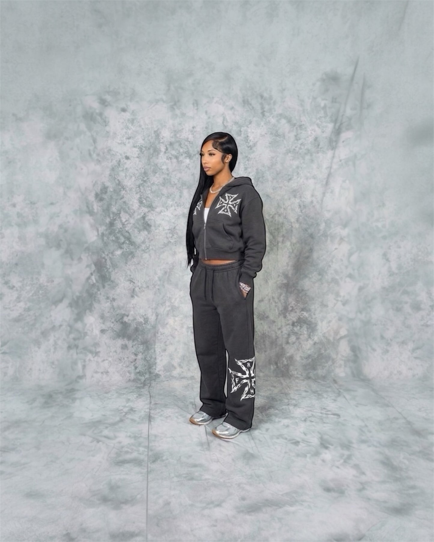 Grey Zip-Up Heavyweight “Spiked Flame” Jogger Set