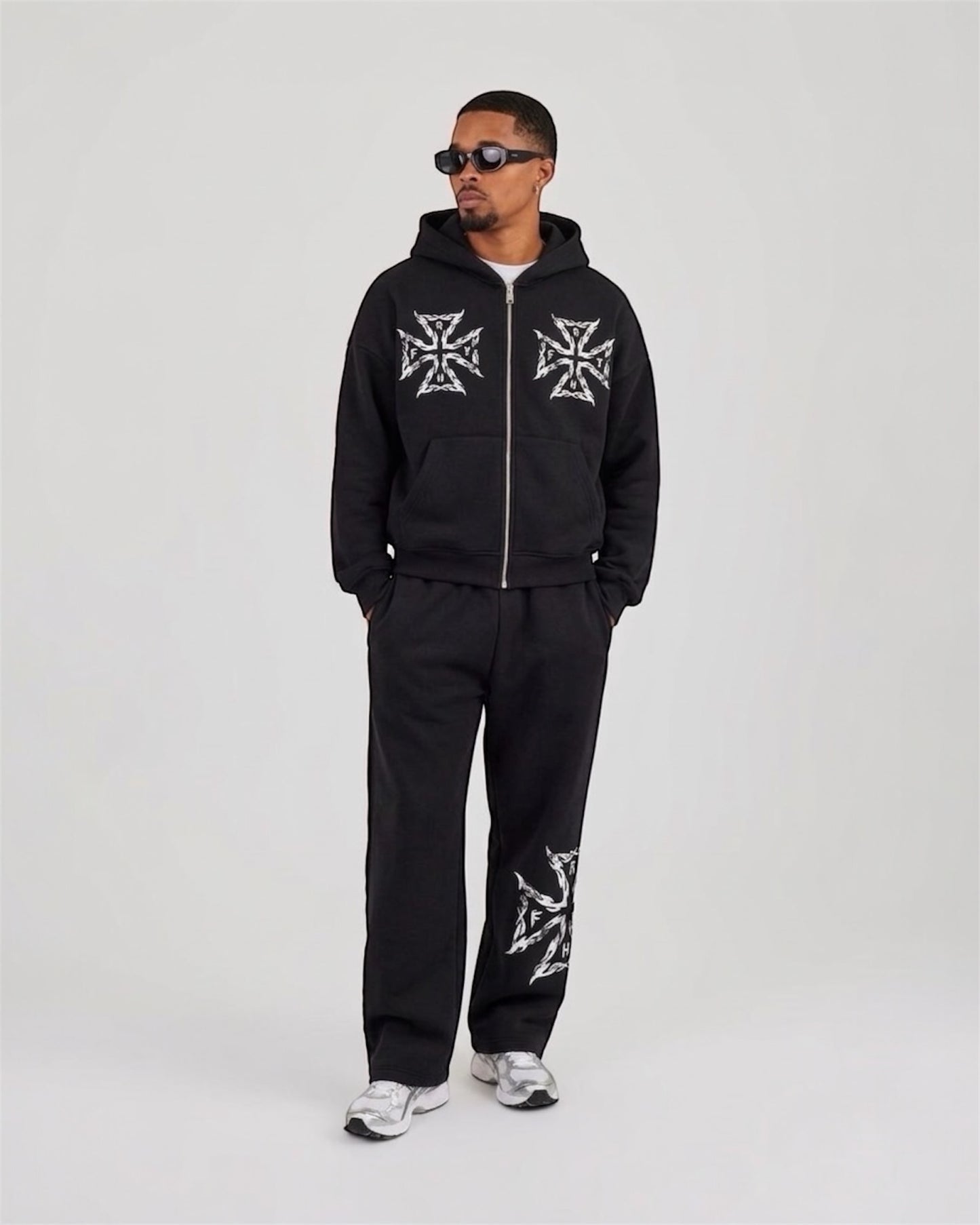 Black Zip-Up Heavyweight “Spiked Flame” Jogger Set